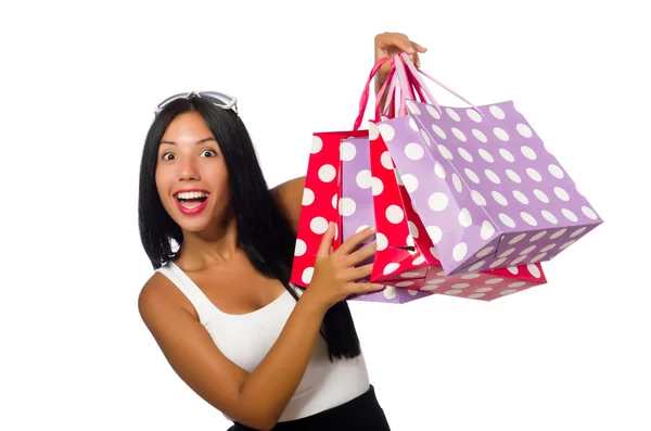 Γυναίκα με τσάντες για ψώνια σε λευκό — Φωτογραφία Αρχείου