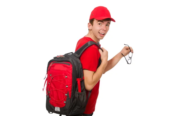 Νεαρός ταξιδιώτης με σακίδιο πλάτης απομονωμένο σε λευκό — Φωτογραφία Αρχείου