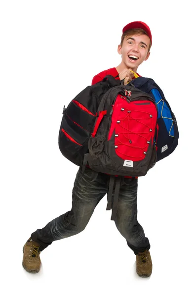 Young traveller with backpack isolated on white — Stock Photo, Image