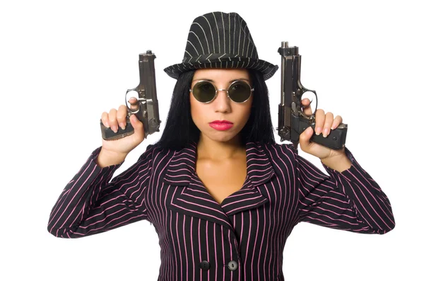 Gangster donna con pistola isolata su bianco — Foto Stock