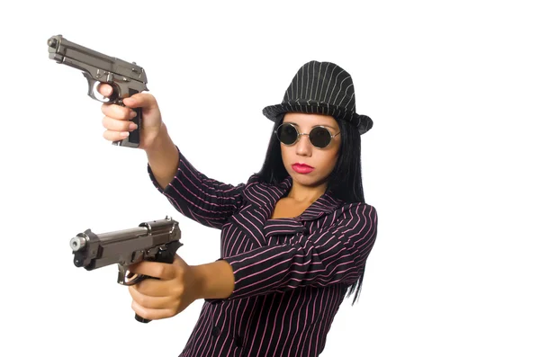 Gangster mulher com arma isolada no branco — Fotografia de Stock