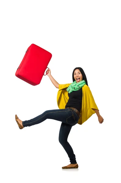Kvinna med resväskor på vitt — Stockfoto