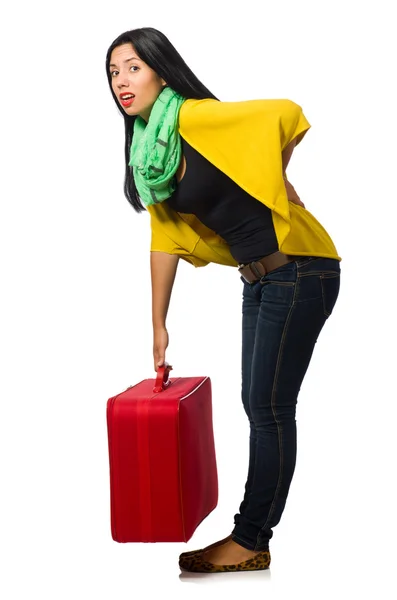 Женщина с чемоданами на белом — стоковое фото