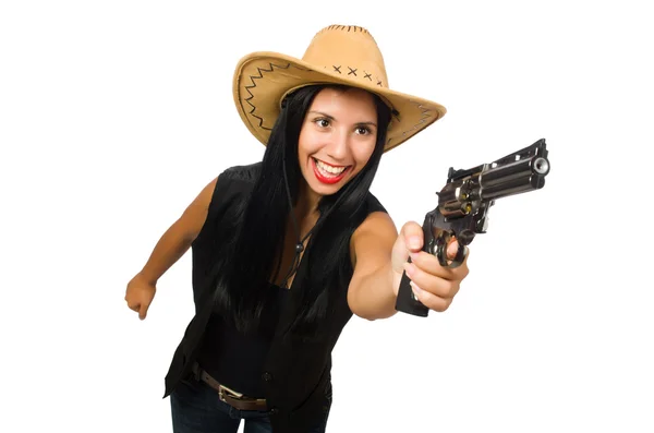 Young woman with gun isolated on white — Stock Photo, Image