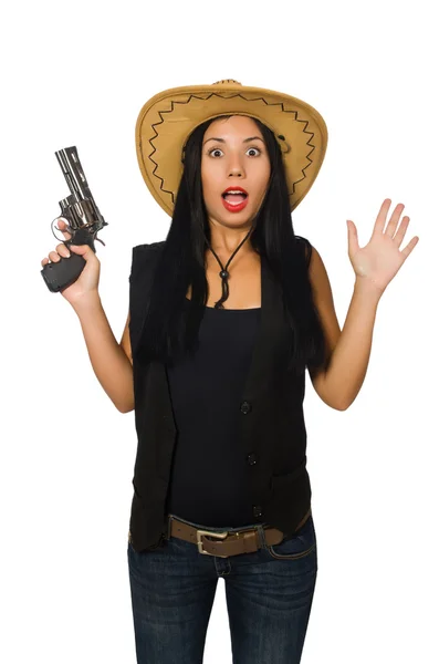 一个拿着枪隔离在白人身上的年轻女人 — 图库照片