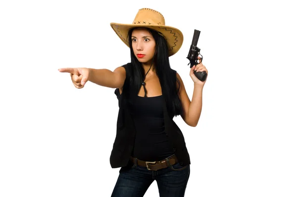 Giovane donna con pistola isolata su bianco — Foto Stock
