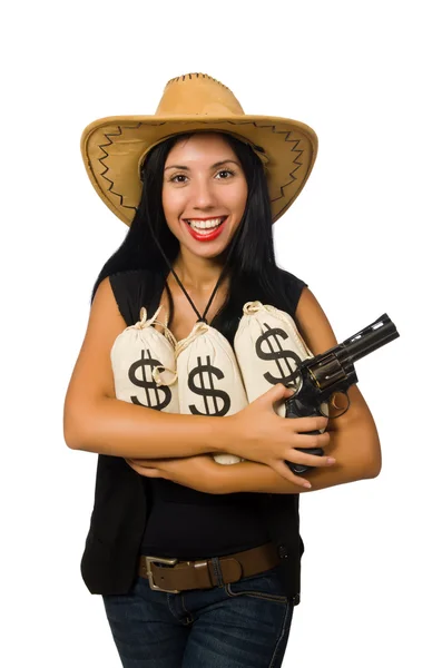 Ung kvinna med pistol och pengar säckar — Stockfoto