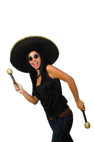 Young attractive woman wearing sombrero on white — Stock Photo, Image