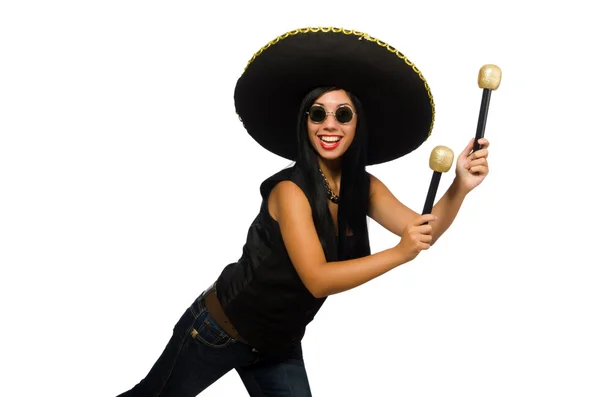 Young attractive woman wearing sombrero on white — Stock Photo, Image