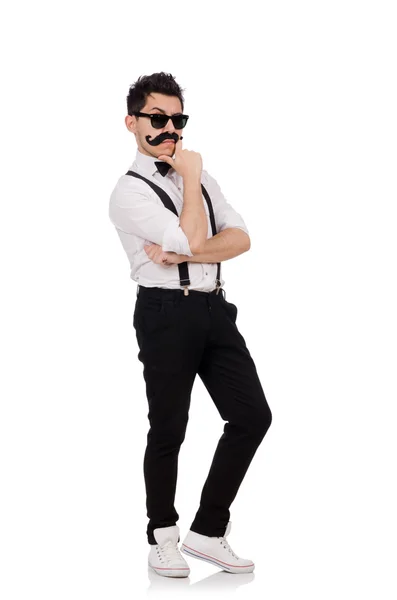 Joven con bigote aislado en blanco — Foto de Stock