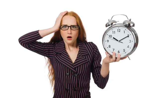 Pretty office employee with alarm clock isolated on white — Stock Photo, Image