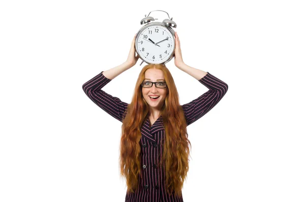 Pretty office employee with alarm clock isolated on white — Stock Photo, Image