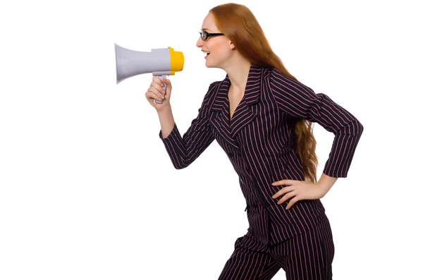 Young businesswoman with loudspeaker on white — Stock Photo, Image
