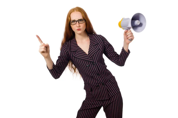 Junge Geschäftsfrau mit Lautsprecher auf weiß — Stockfoto