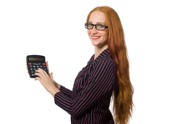 Giovane donna d'affari con calcolatrice su bianco — Foto Stock