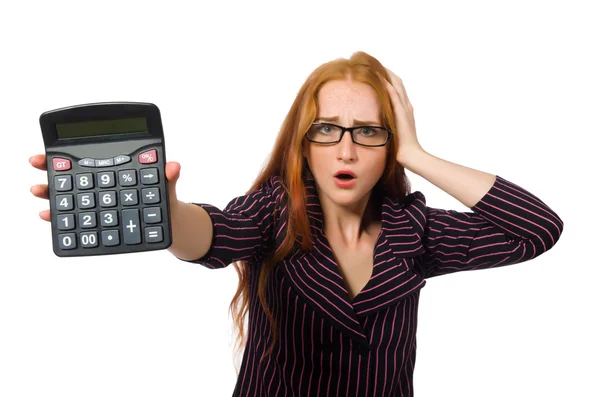 Young businesswoman with calculator on white — Stock Photo, Image