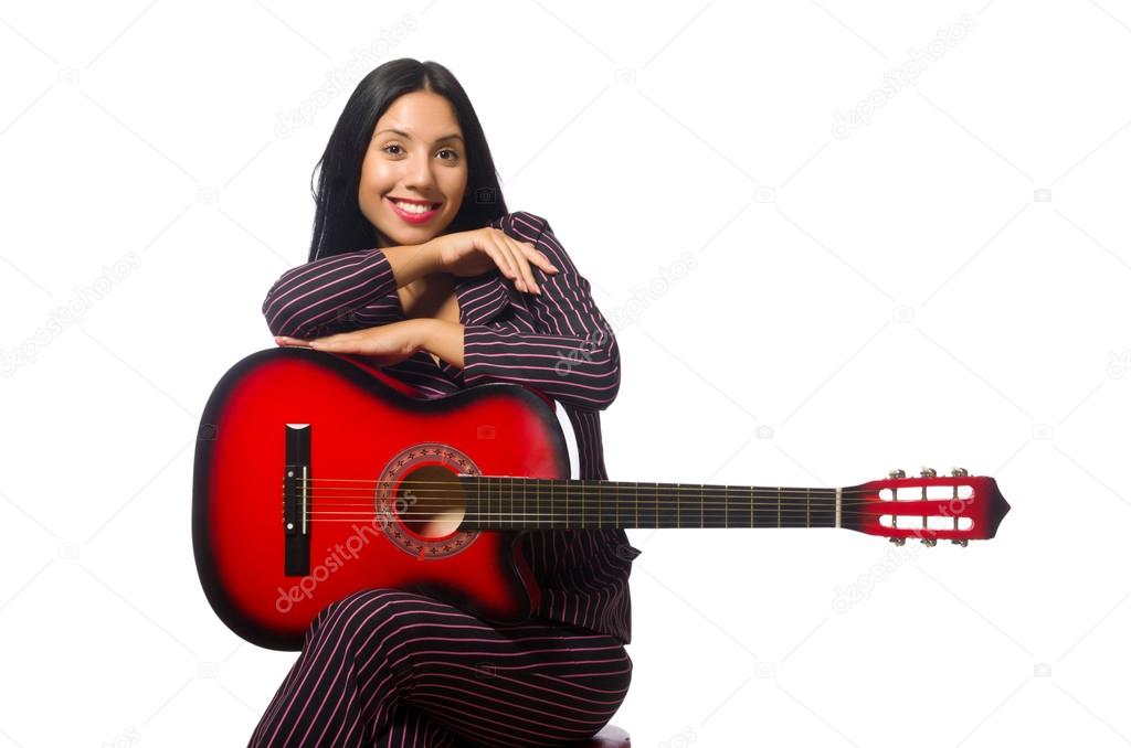 Woman guitar player isolated on white