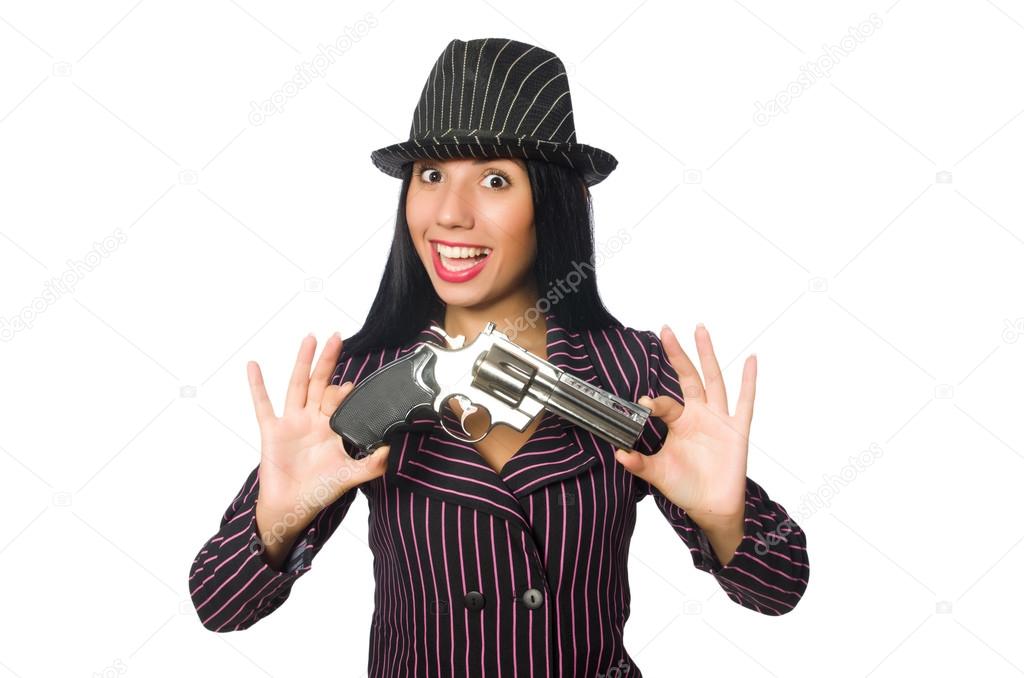 Gangster woman with gun isolated on white