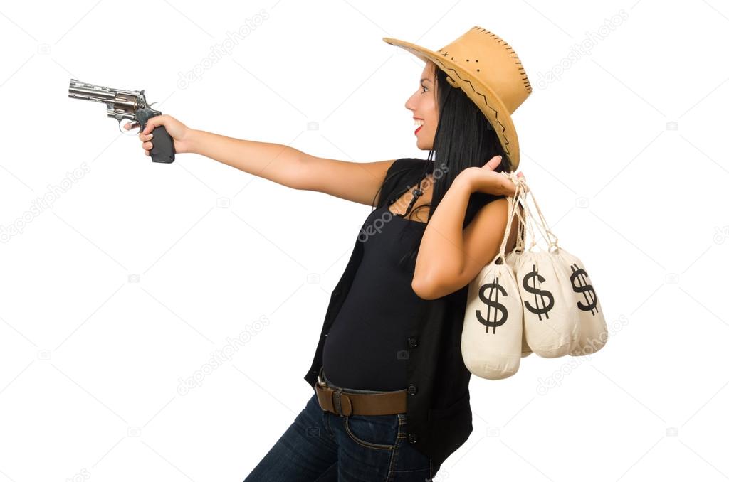 Young woman with gun and money sacks