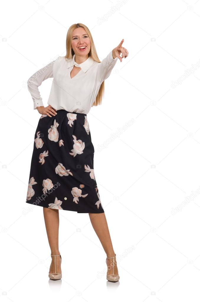 Pretty girl in black skirt with flowers isolated on white Stock Photo
