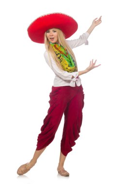 Meksikalı kız sombrero ile beyaz üzerinde dans ediyor