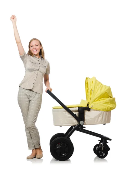 Woman with baby and pram isolated on white — Stock Photo, Image