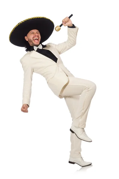 Beyaz izole marakas tutan takım elbiseyle komik Meksika — Stok fotoğraf