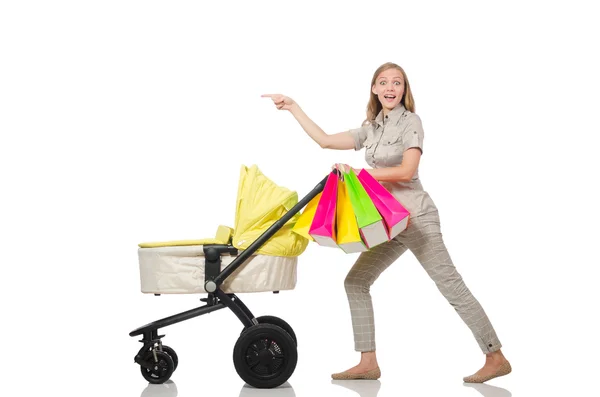 Kvinna med barnvagn isolerad på vit — Stockfoto