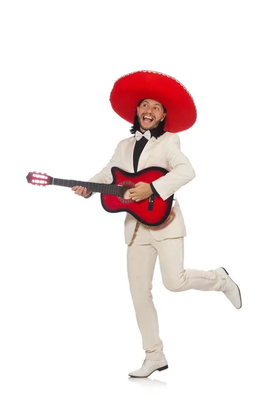 Mexicano engraçado em terno segurando guitarra isolada no branco — Fotografia de Stock