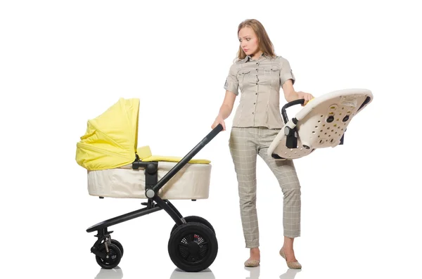 Woman with pram isolated on white — Stock Photo, Image