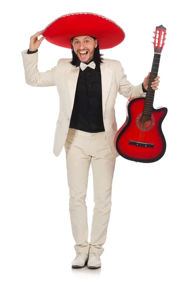 Mexicano engraçado em terno segurando guitarra isolada no branco — Fotografia de Stock