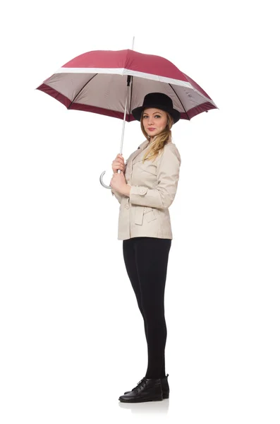 Woman with umbrella isolated on white — Stock Photo, Image