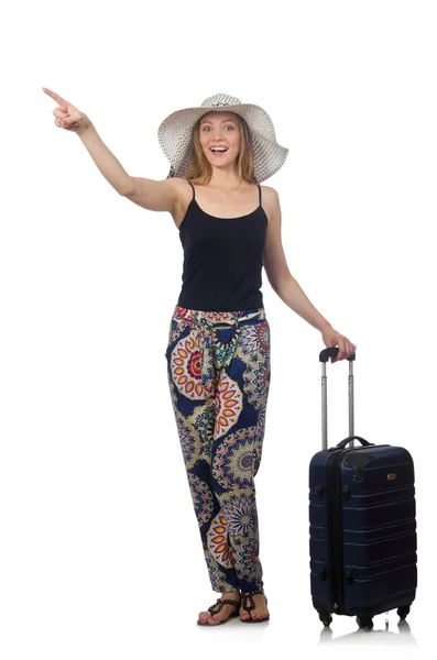 Woman ready for summer travel isolated on white — Stock Photo, Image