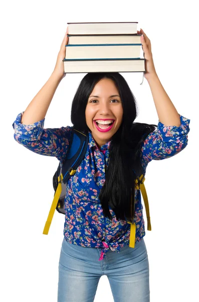 Jovem estudante com livros sobre branco — Fotografia de Stock