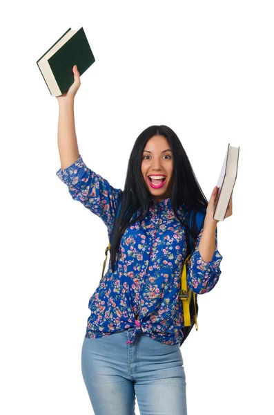 Ung kvinnlig student med böcker om vitt — Stockfoto