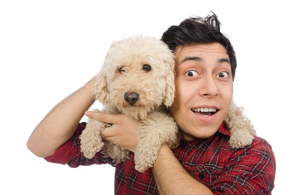 Jovem com cão isolado em branco — Fotografia de Stock