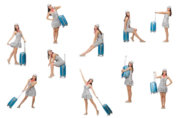 Ταξιδεύοντας γυναίκα με βαλίτσα απομονωμένη σε λευκό — Φωτογραφία Αρχείου