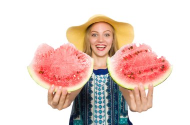 Karpuzlu kadın beyazda soyutlanmış.