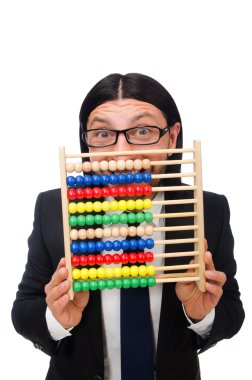 Hesap makinesi ve abaküsü olan komik bir adam.