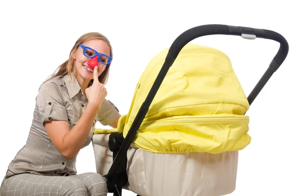 Woman with pram isolated on white — Stock Photo, Image