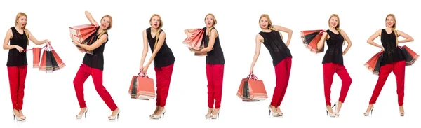 Sada žen s nákupními taškami na bílém — Stock fotografie