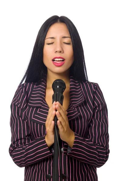 Woman singing in karaoke club on white — Stock Photo, Image