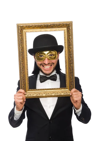 Homme drôle avec cadre photo sur blanc — Photo