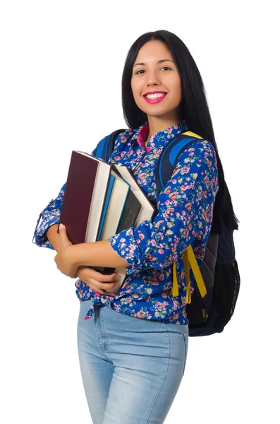 Молодая студентка с книгами о белом — стоковое фото