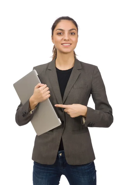 Junge Studentin mit Laptop auf weißem Hintergrund — Stockfoto