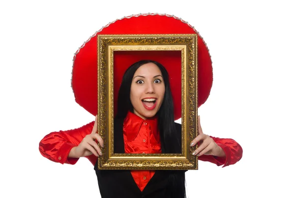 Mexican woman with picture frame on white — Stock Photo, Image