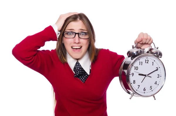 Trabajador de oficina con reloj despertador aislado en blanco — Foto de Stock