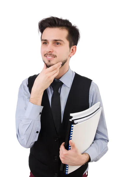 Empleado de oficina sosteniendo papel aislado en blanco — Foto de Stock