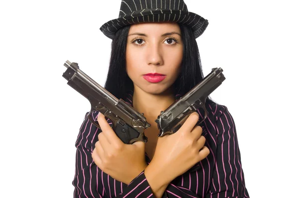 Gangster mulher com arma isolada no branco — Fotografia de Stock