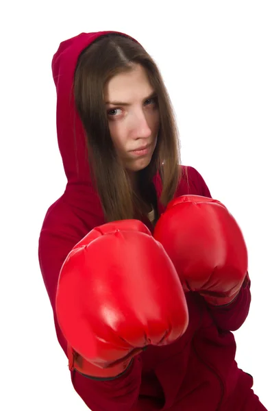 Kvinna boxare isolerad på den vita — Stockfoto